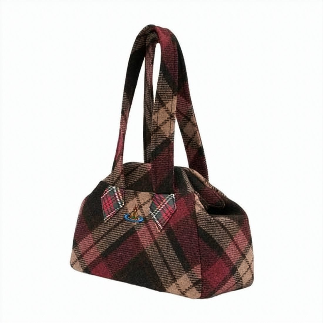 Plaid Wool Shoulder Bag with Embroidered Emblem