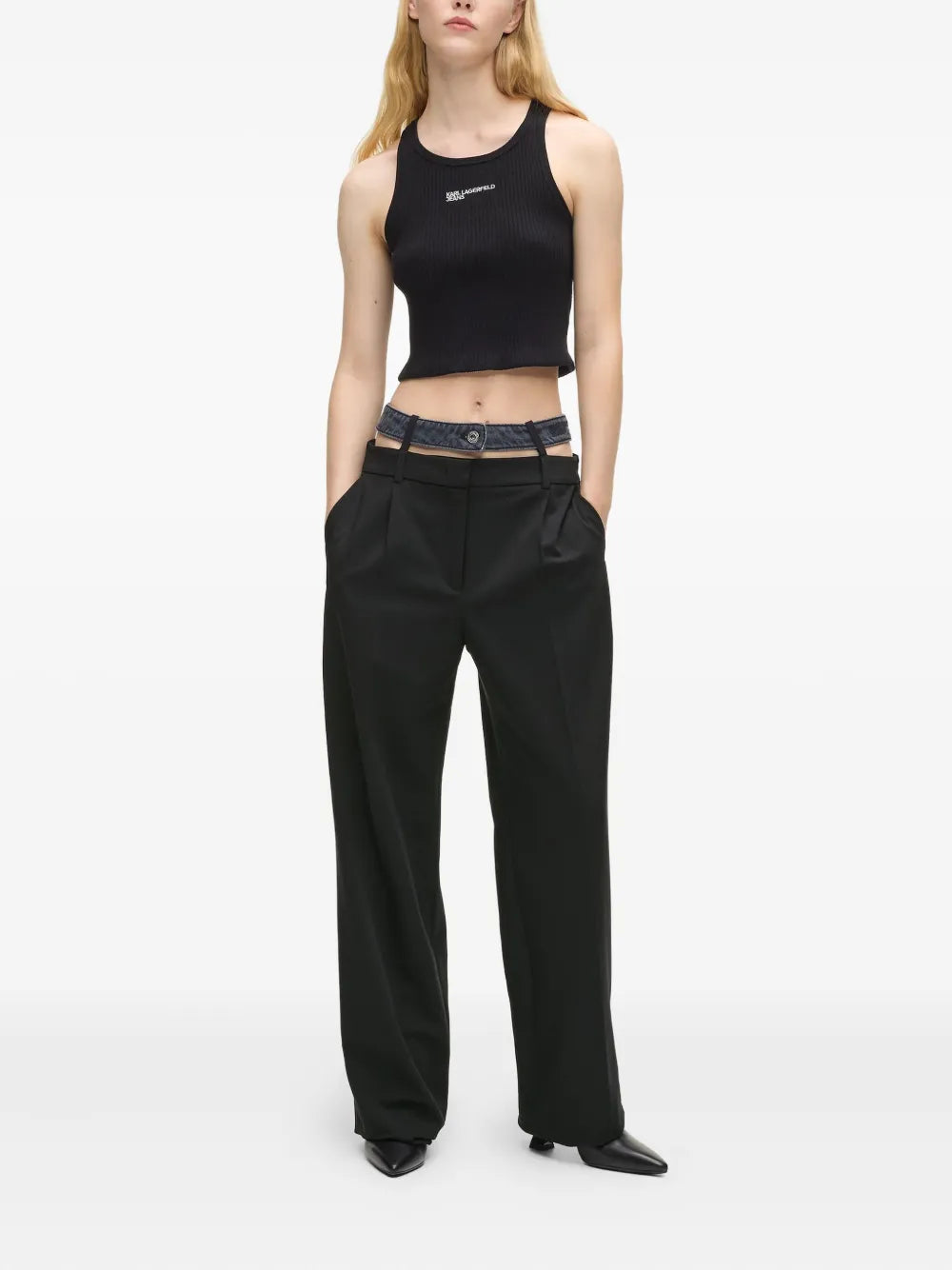 Wide-Leg High-Waisted Tailored Pants with Denim-Inspired Belt