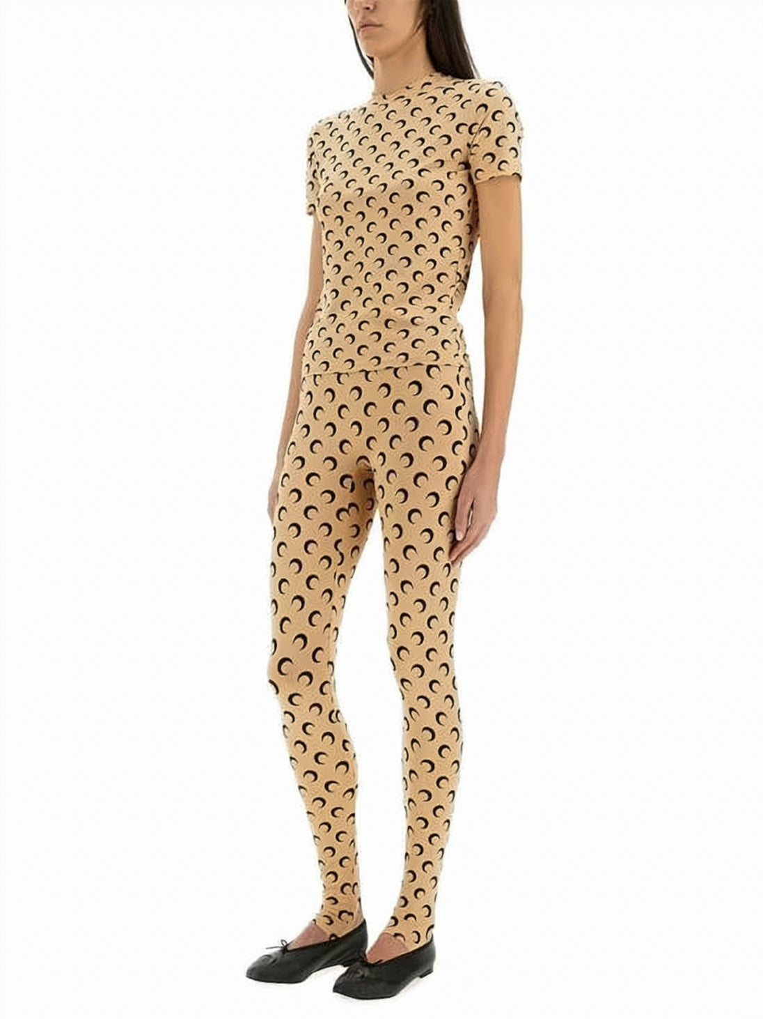Fitted Short-Sleeve Top with Crescent Moon Pattern