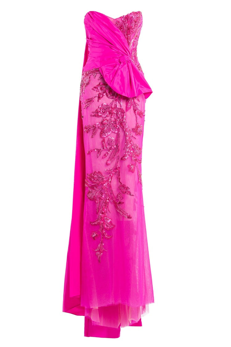 Tulle Strapless, Beaded Dress With A Taffeta Draping And Tail