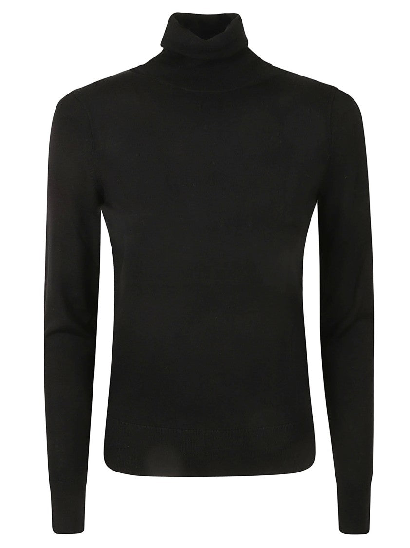 High Neck Fitted Black Wool Sweater