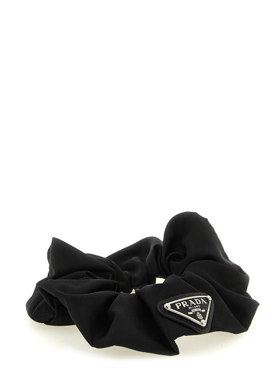 Gathered Fabric Black Scrunchie With Logo Detail