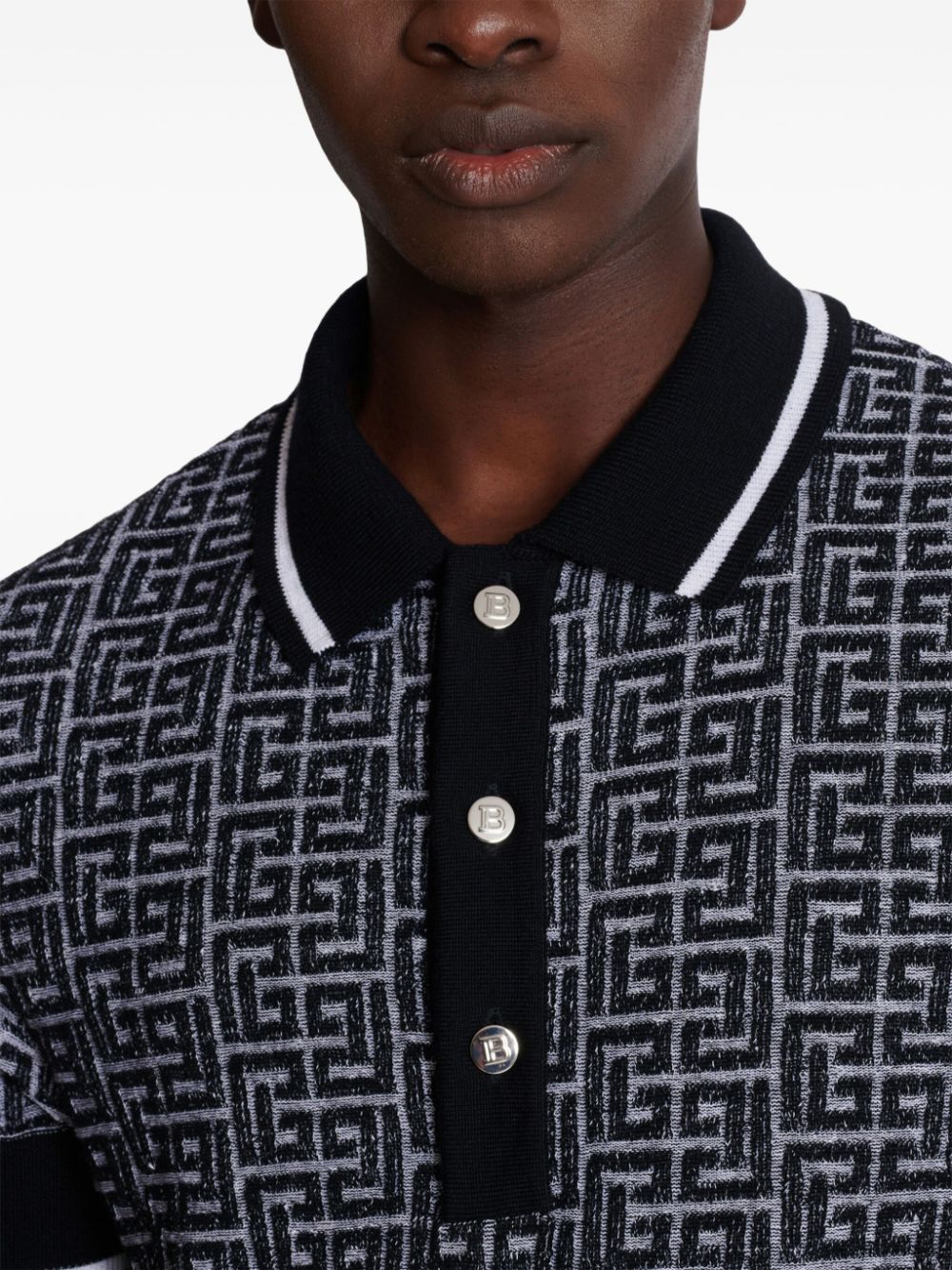 Patterned Jacquard Short-Sleeve Polo Shirt in Merino Wool Blend