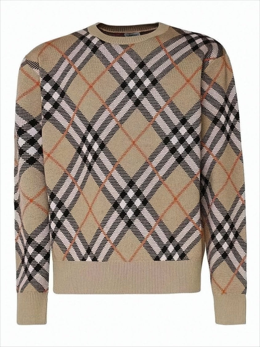 Beige Checkered Knit Sweater with Crew Neckline