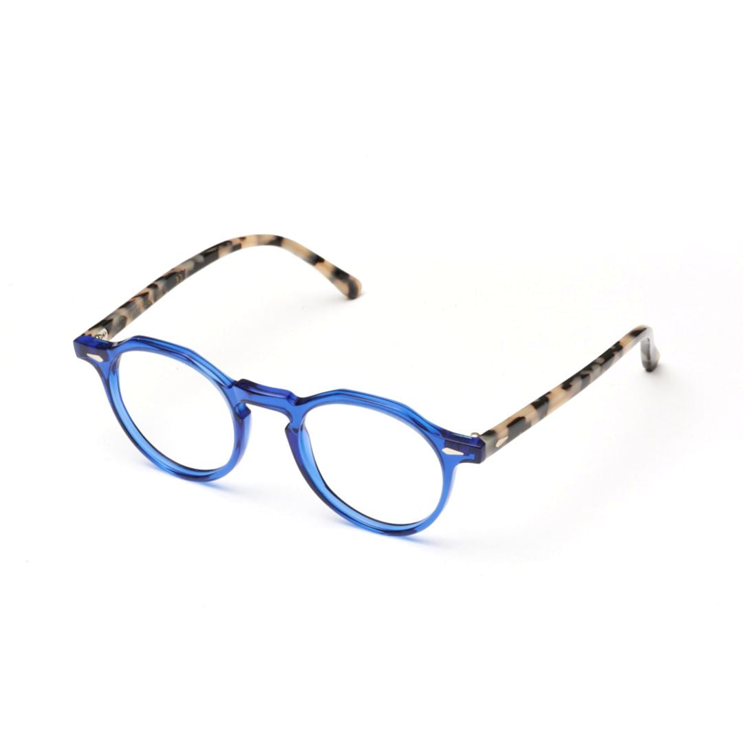 Justin Round Blue Translucent Eyeglasses with Tortoiseshell Temples
