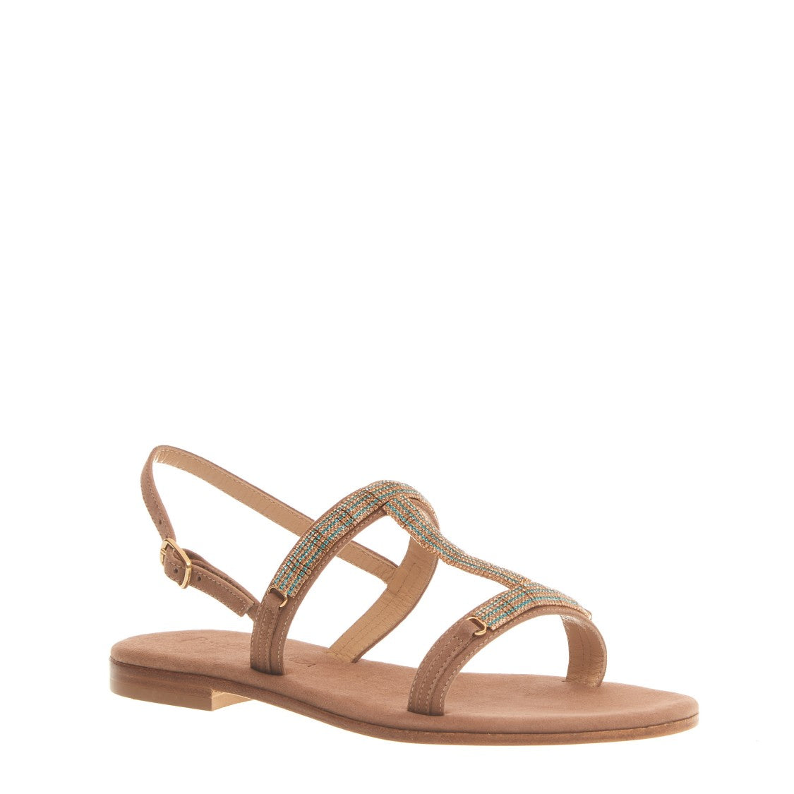 Beige Suede Sandal With Blue And Copper Crystals