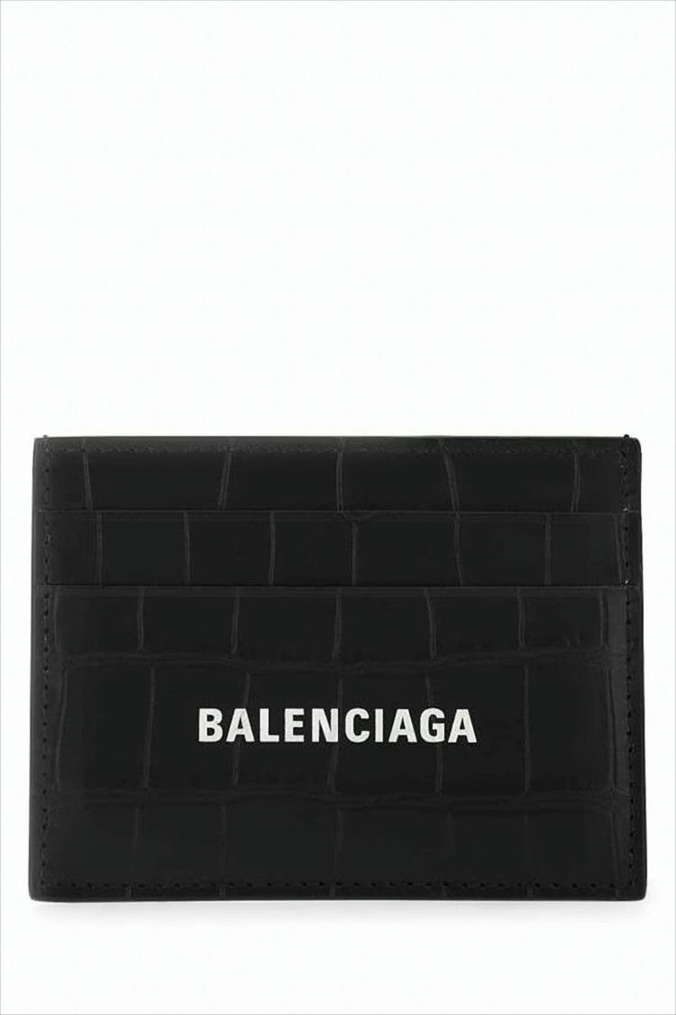 Textured Black Crocodile Pattern Card Wallet With Bold Logo