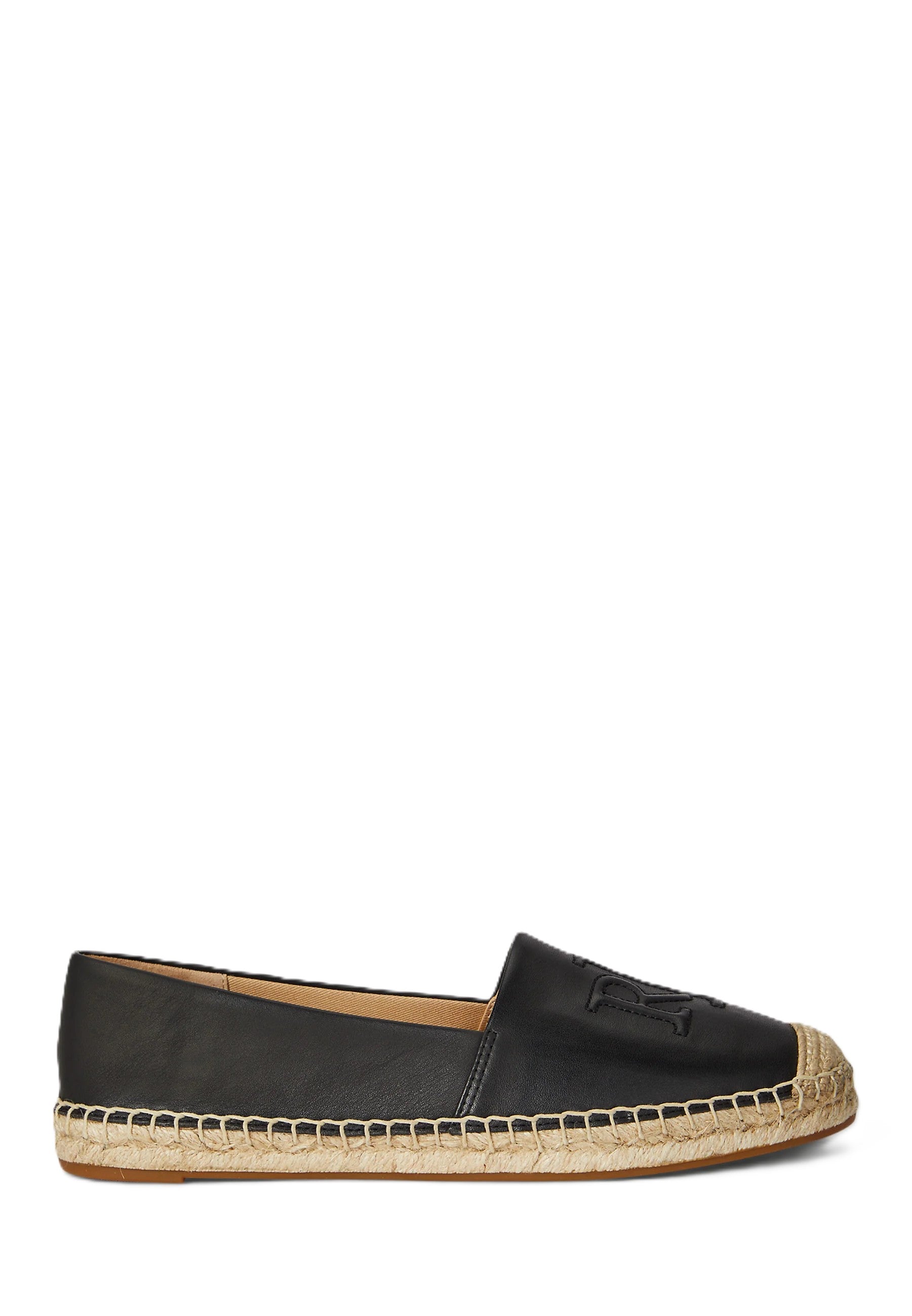 Smooth Black Leather Espadrille Flats with Embossed Logo
