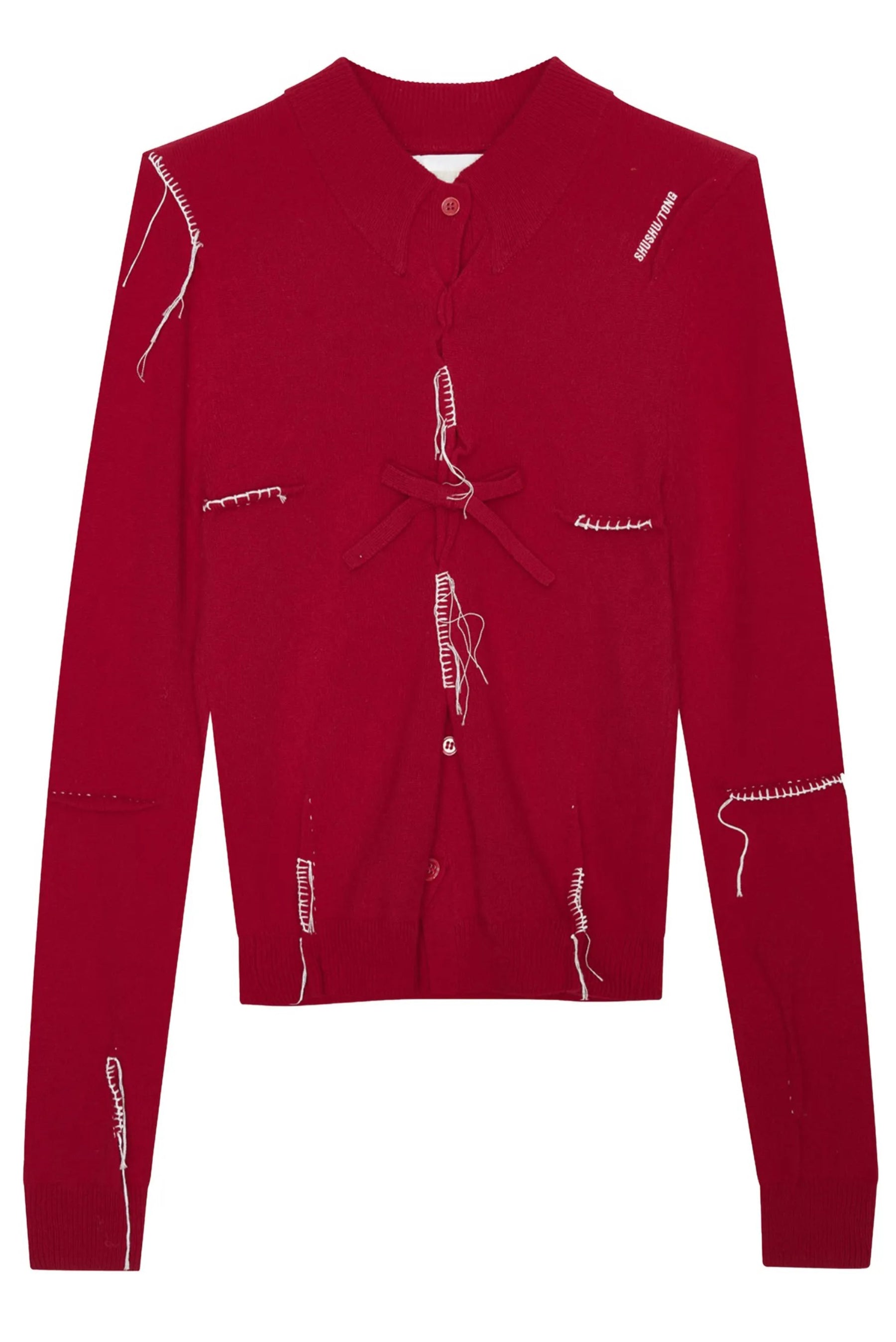 Red Pin-Tuck Threadwork Knit Top