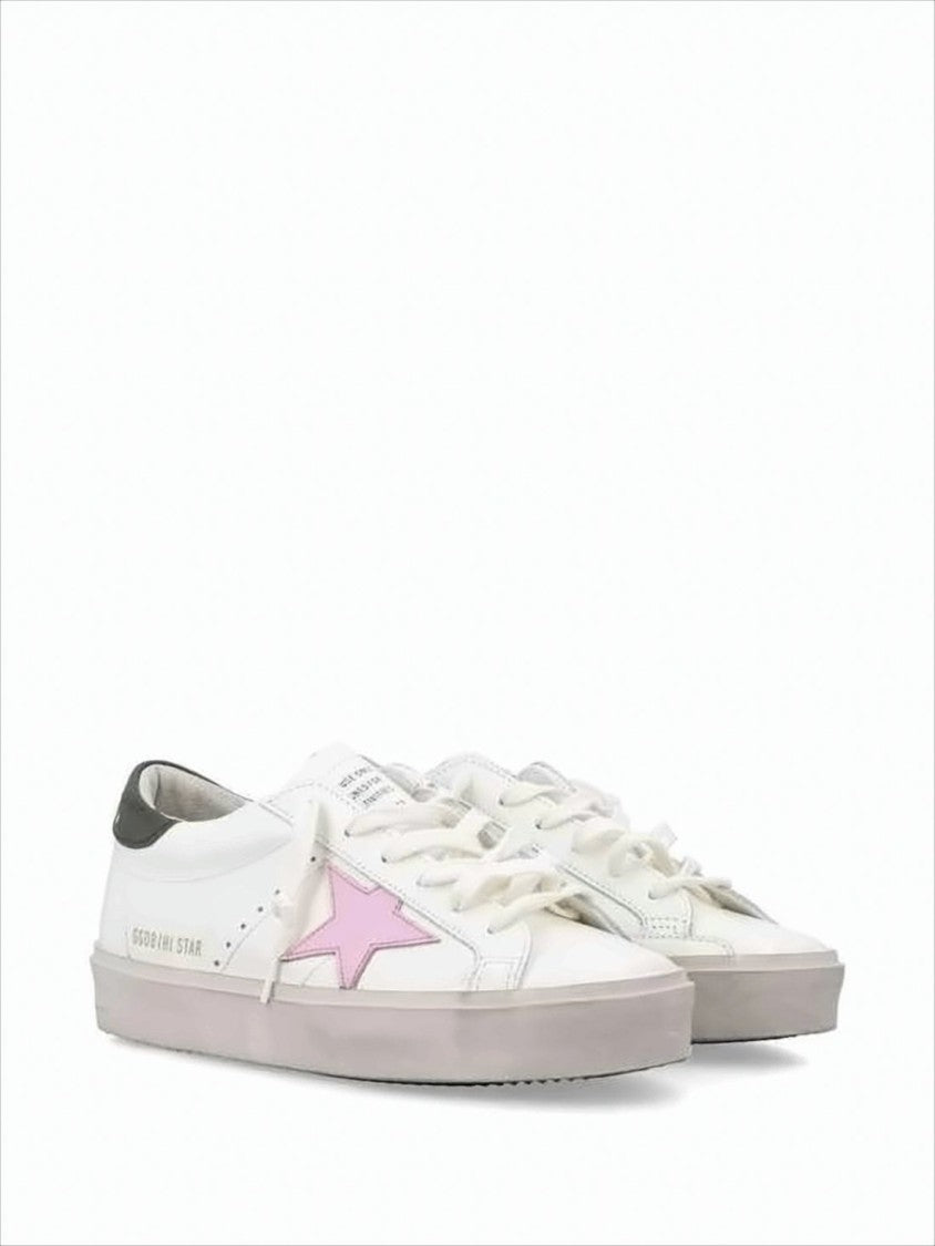 Low-Top White Leather And Suede Sneakers With Pink Star Detail