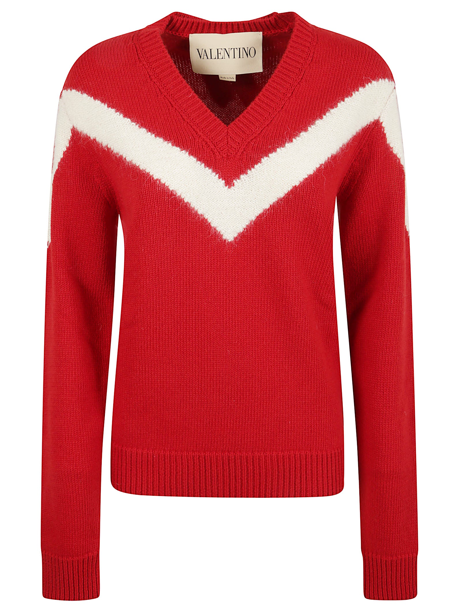 V-Neck Red Wool Sweater With Contrasting Inlay