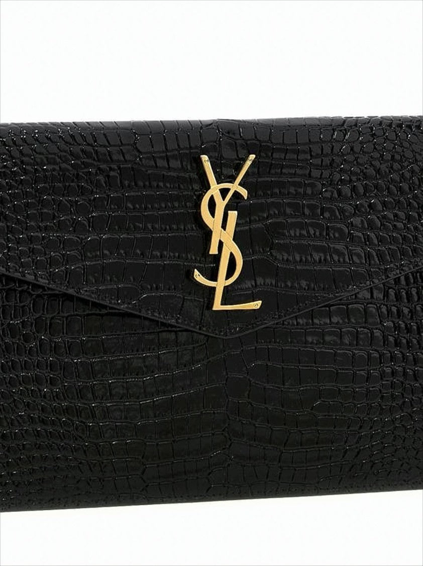 Crocodile-Embossed Black Calf Leather Clutch