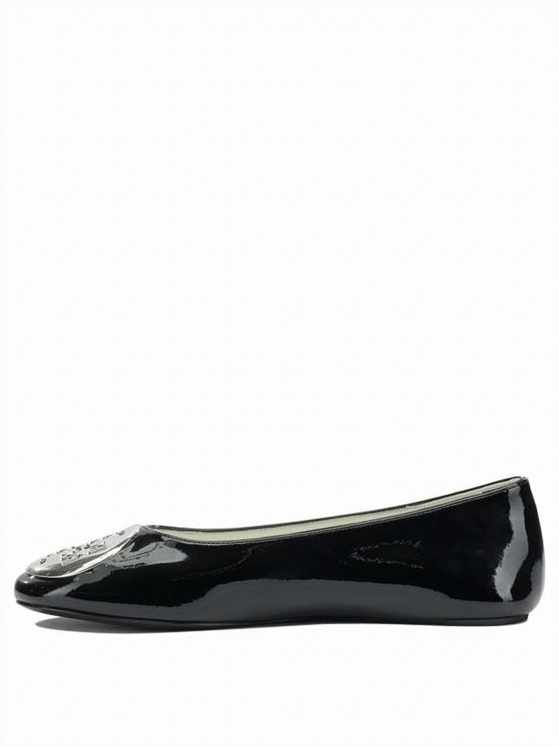 Glossy Leather Flat Shoes with Metallic Emblem