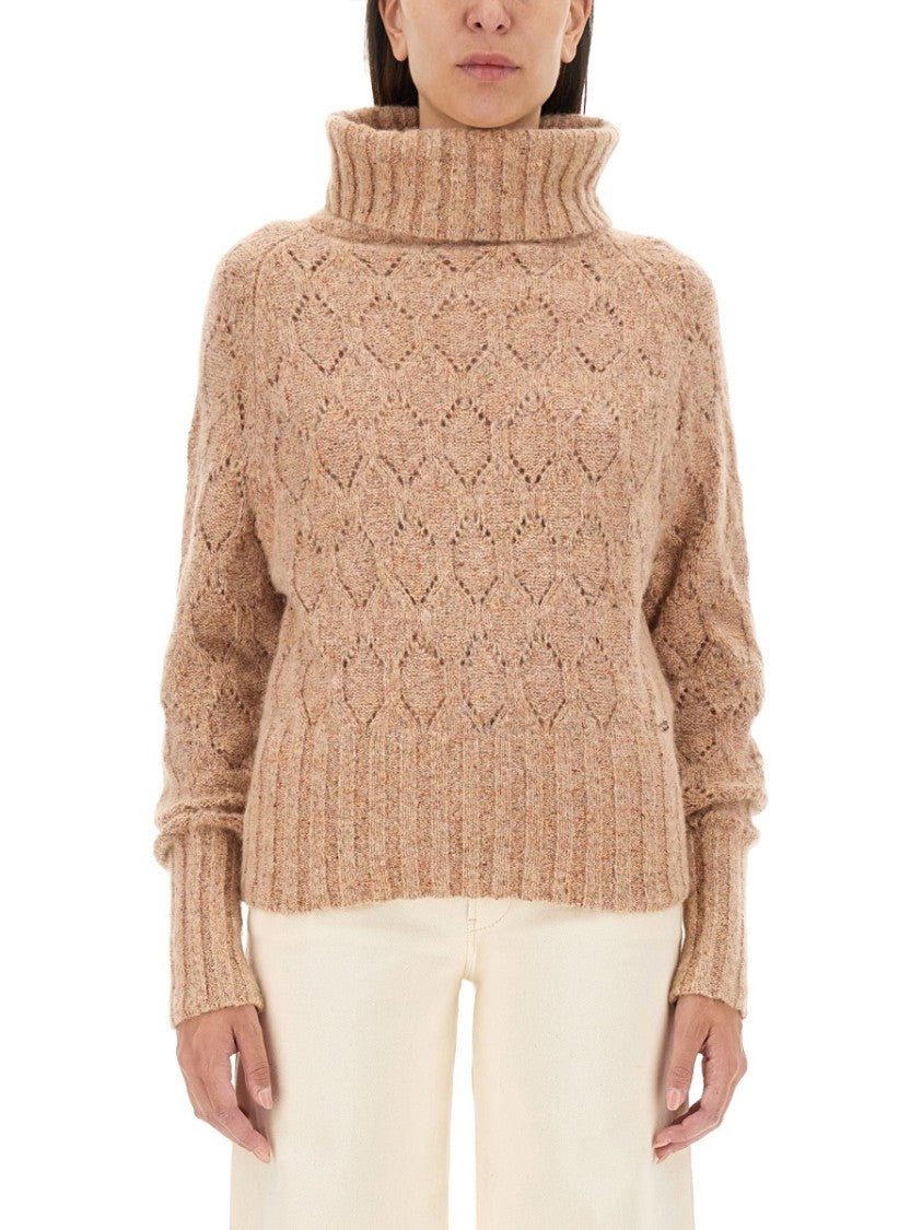 Textured Turtleneck Sweater With Ribbed Hem