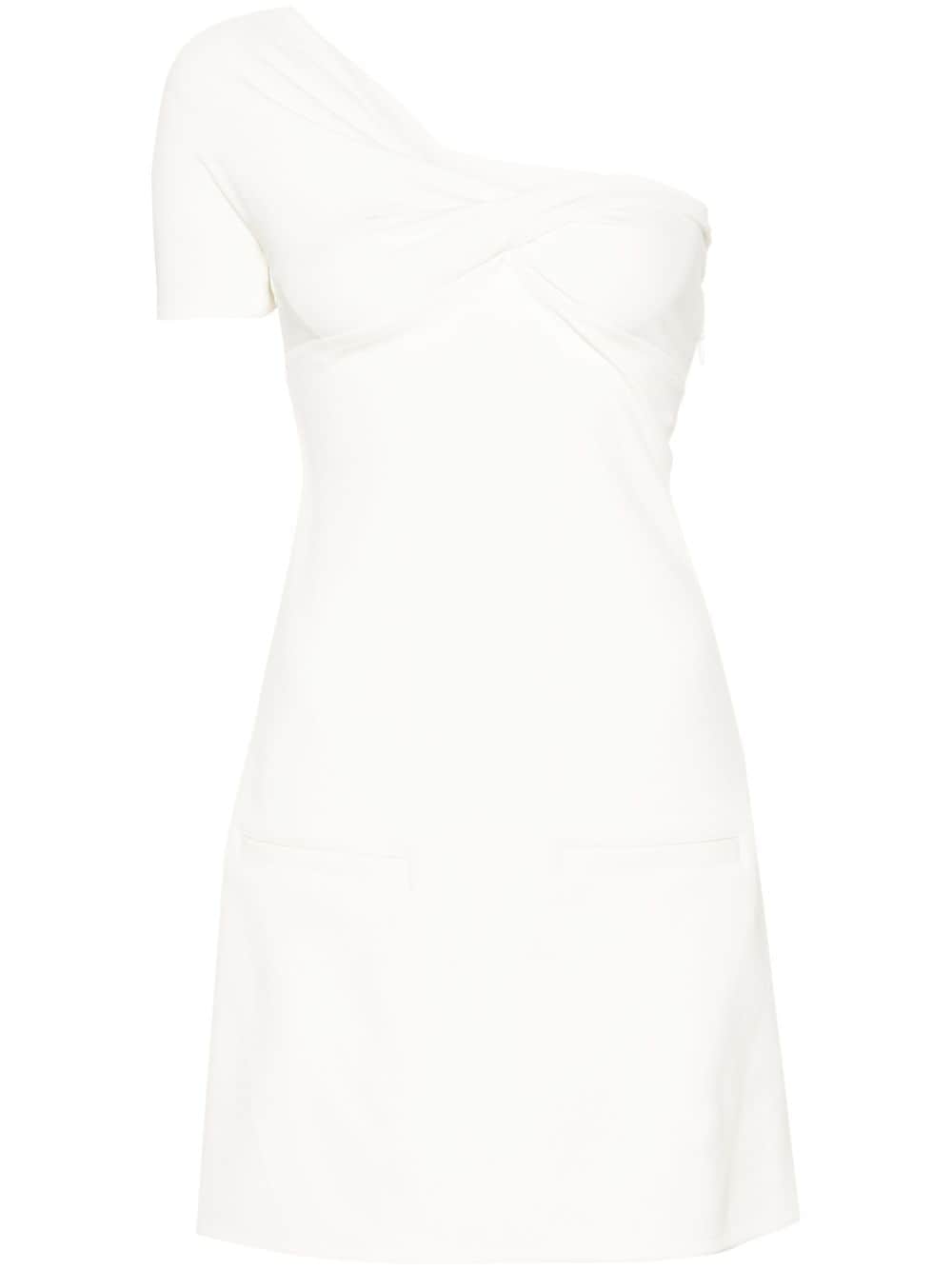 Asymmetrical Draped White Twill Dress