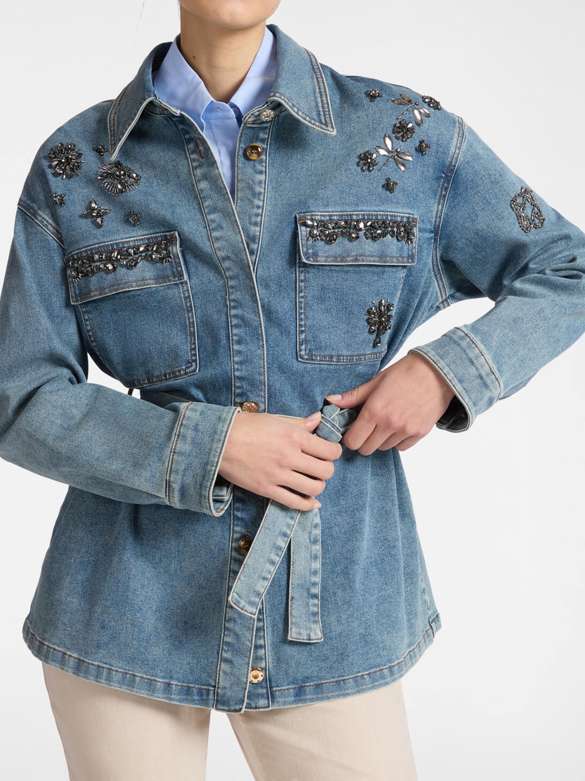 Denim Overshirt Beaded Embellished Belted Jacket