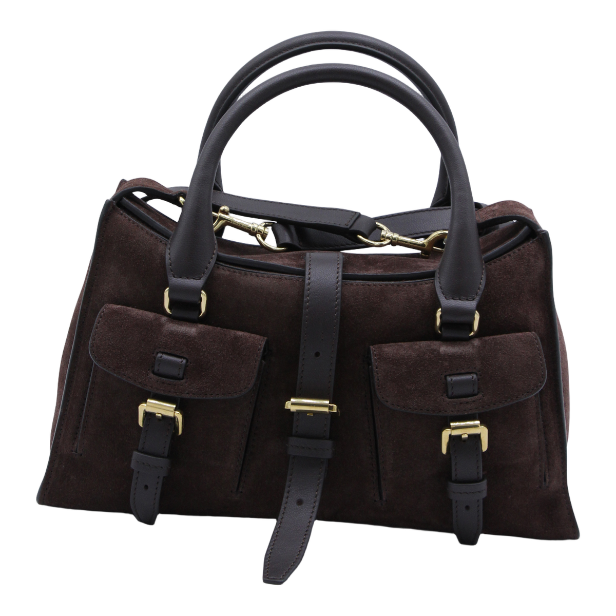 Structured Brown Suede Handbag With Gold-Tone Accents