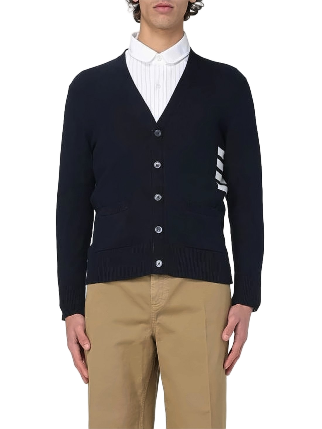 Fitted V-Neck Cardigan with Striped Accents