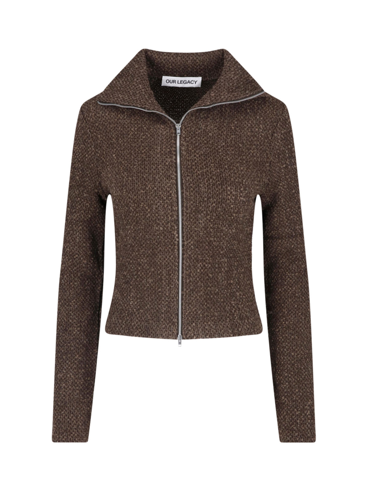 Brown Textured Cropped Zip Sweater
