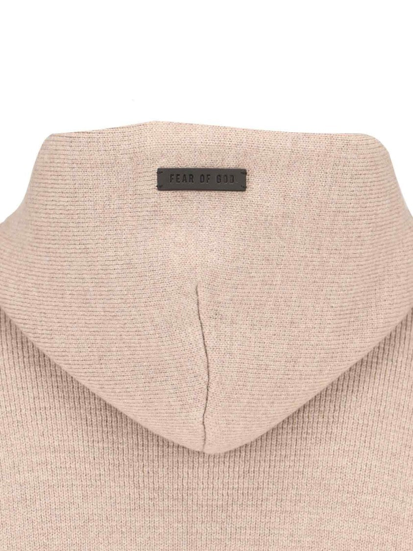 Knitted Hoodie In Beige Wool Engraved Logo Tag