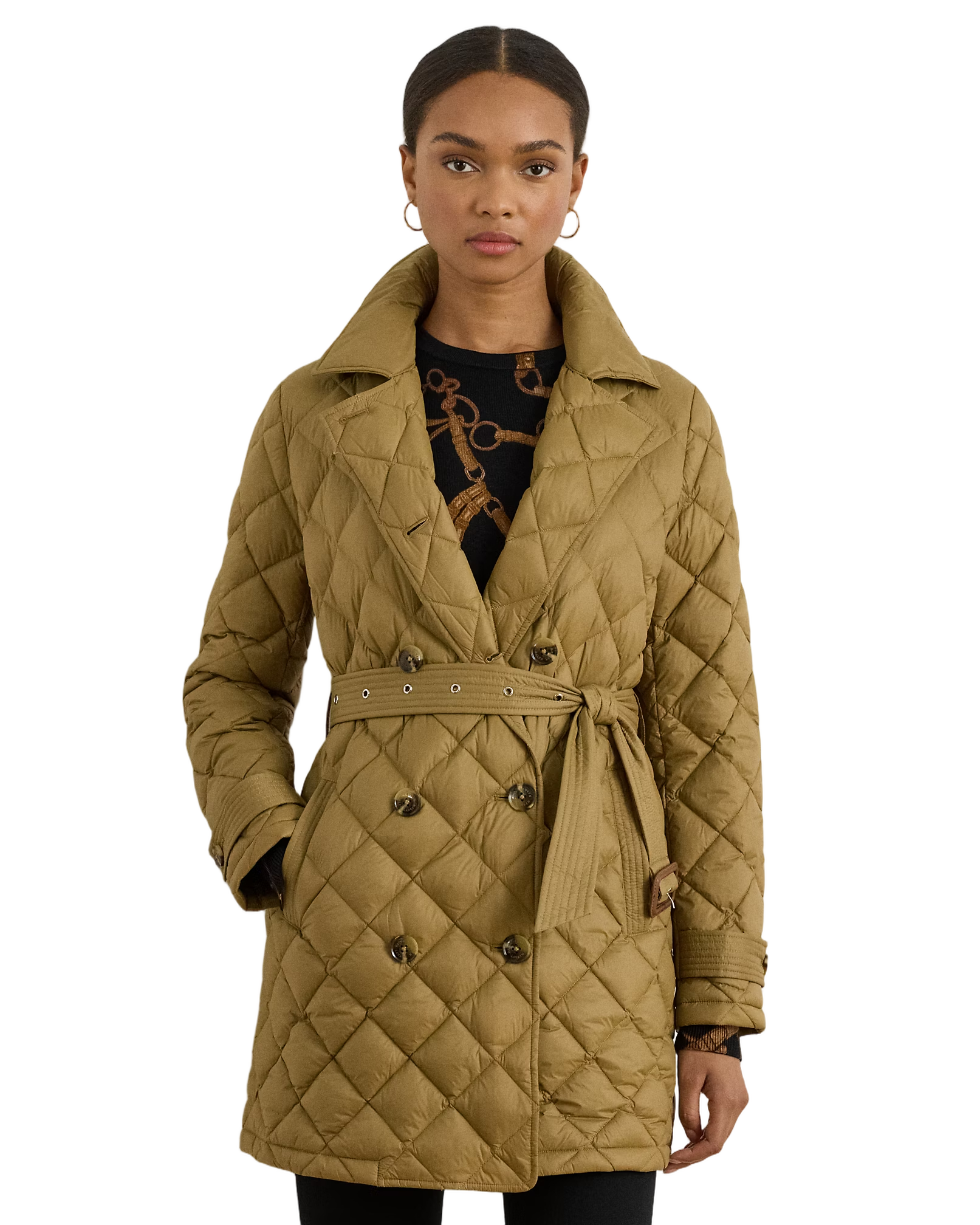Diamond-Quilted Insulated Coat With Double-Breasted Closure