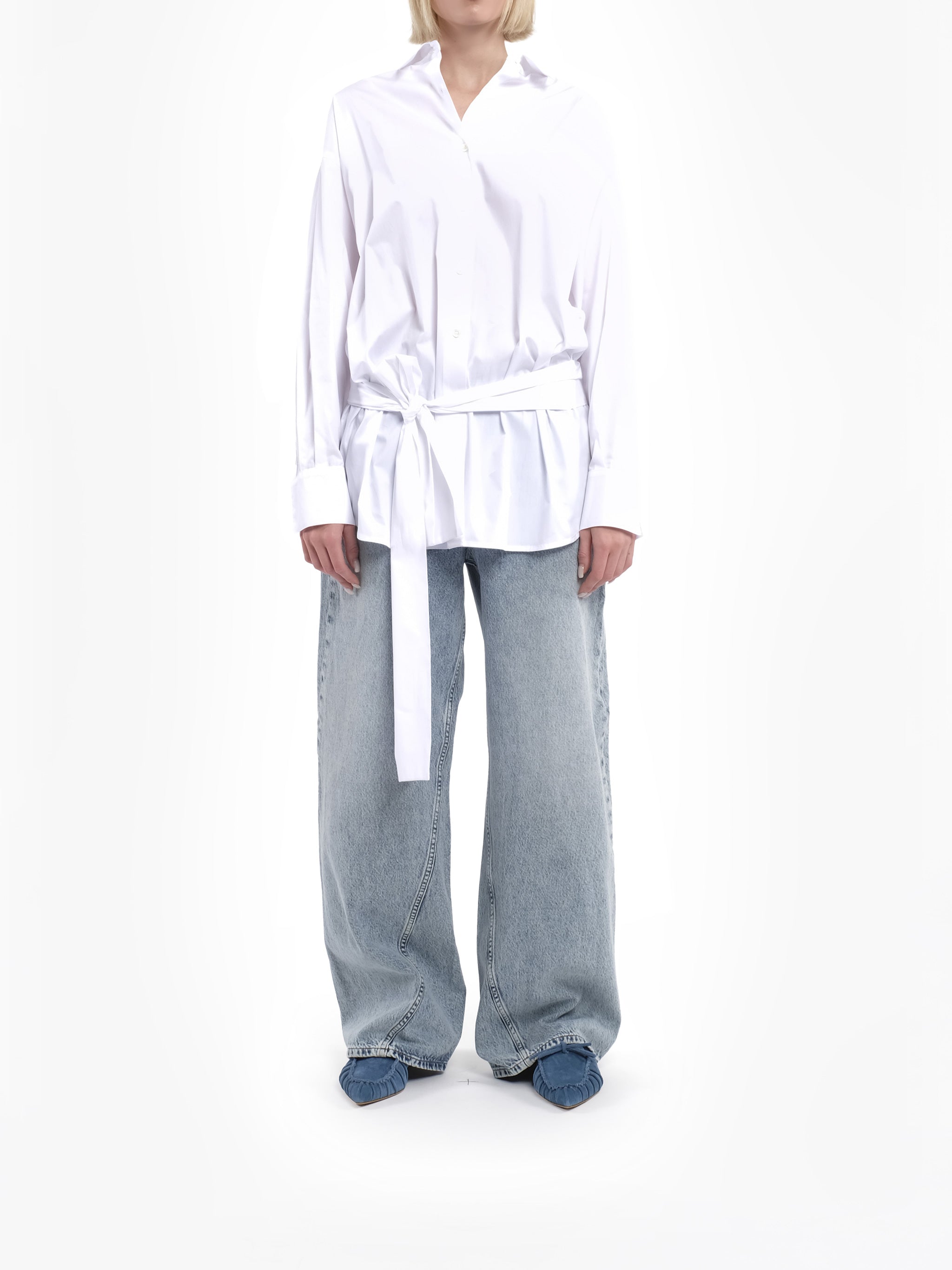White Gilda Waist Belt Fabric Shirt