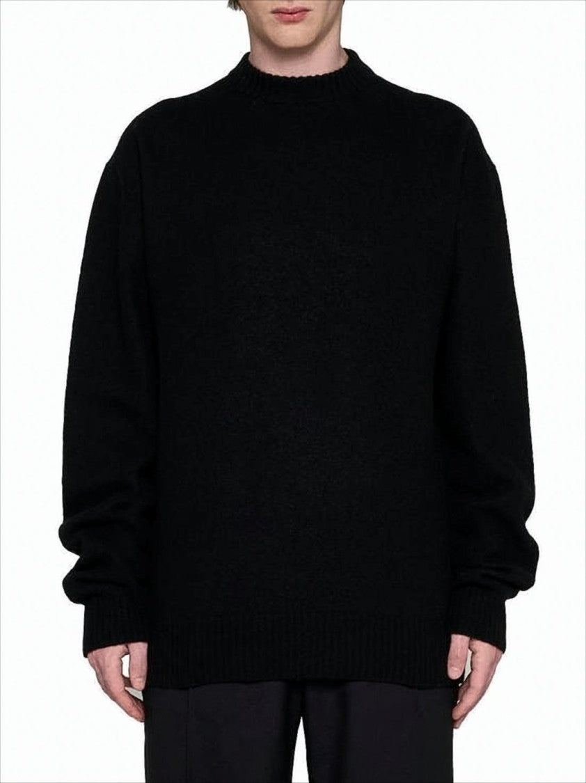 Relaxed Fit Black Wool Sweater with Ribbed Details