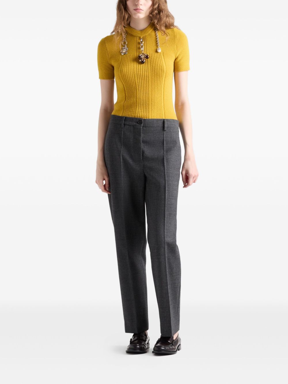 Fitted Textured Wool Sweater With Decorative Charms