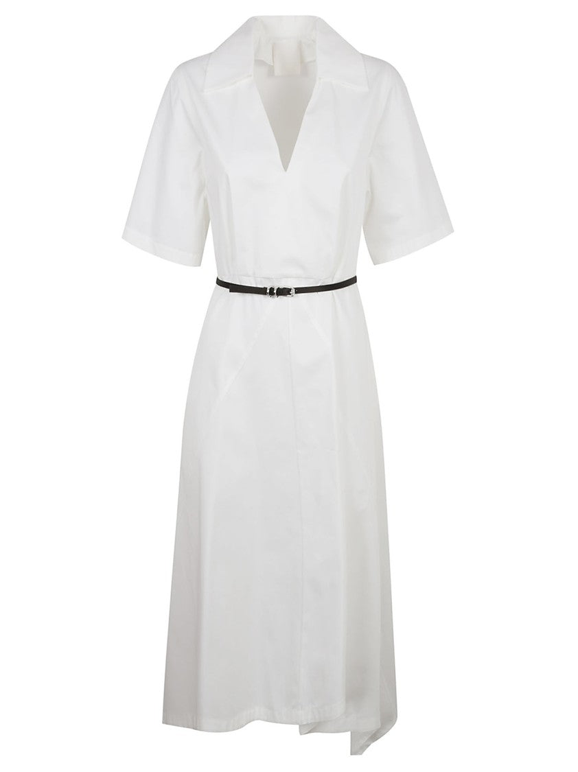 V-Neck White Dress With Belted Waist