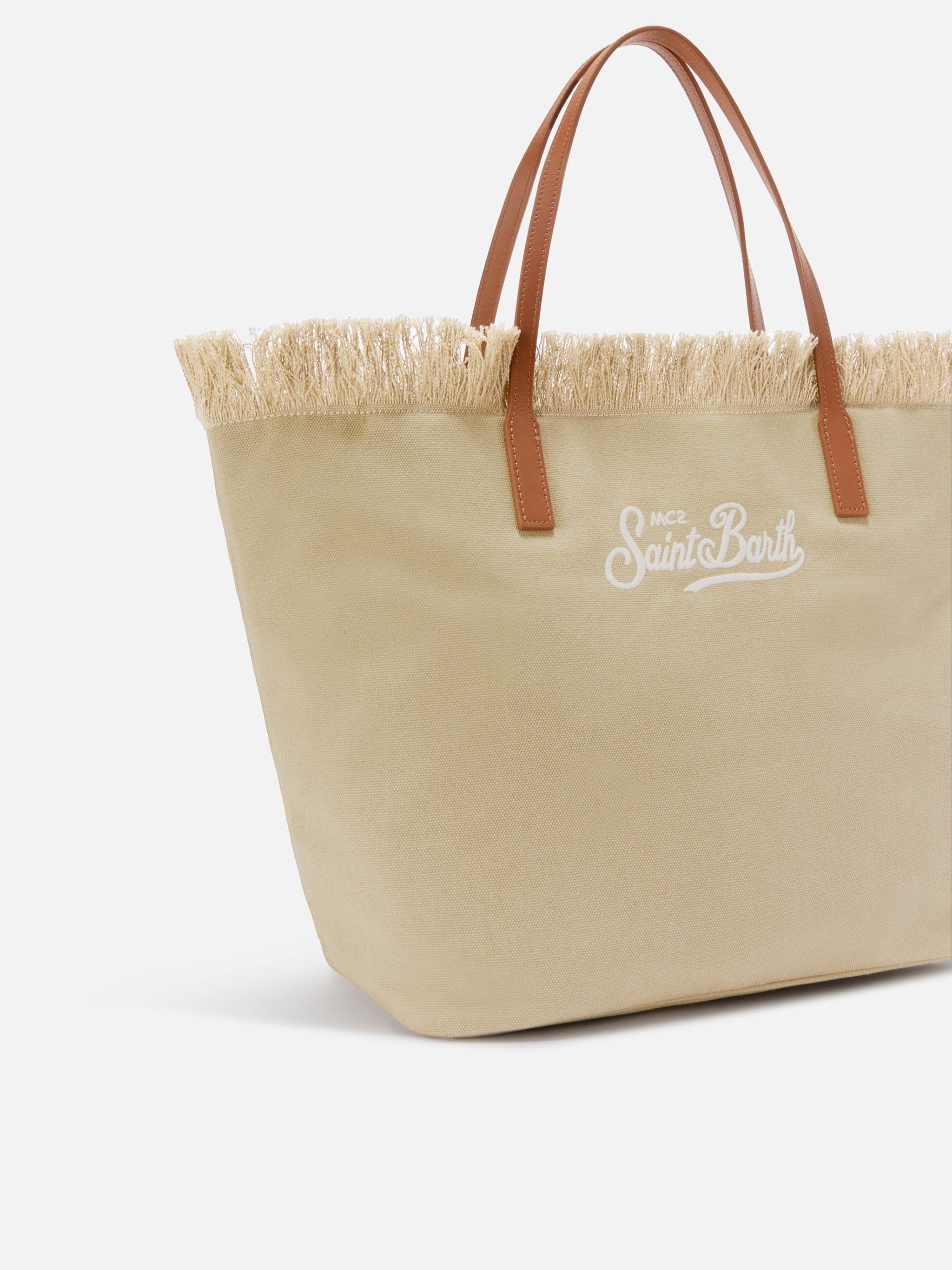 Fringed Beige Canvas Tote Bag with Leather Accents
