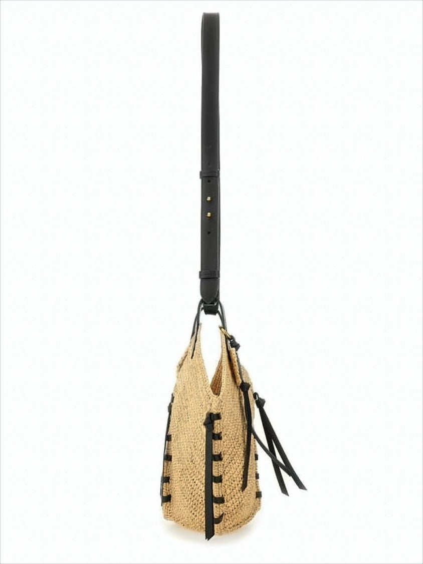 Woven Raffia Shoulder Bag with Black Leather Accents
