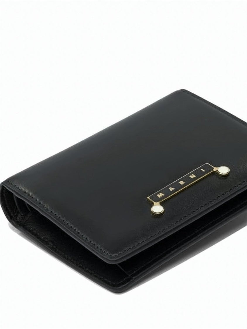 Rectangular Leather Wallet with Gold-tone Plaque