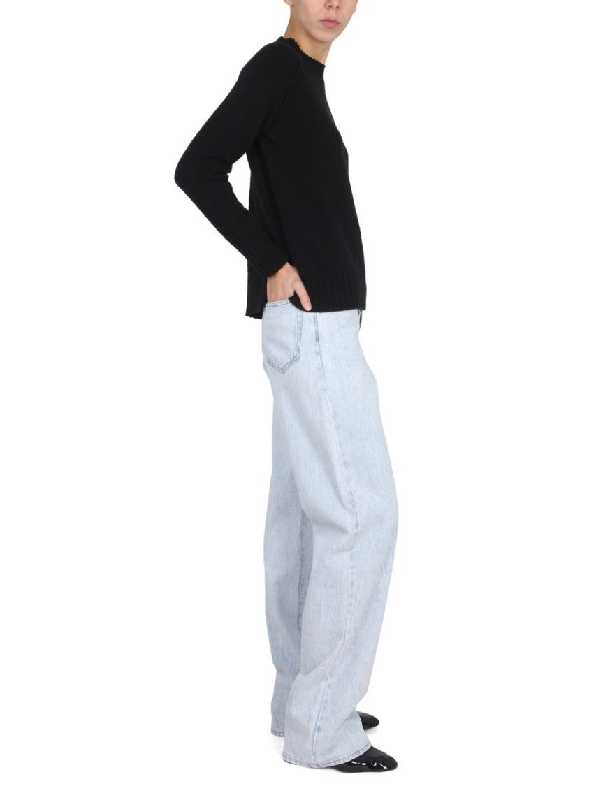 Cross-Neck Black Wool Jersey Sweater
