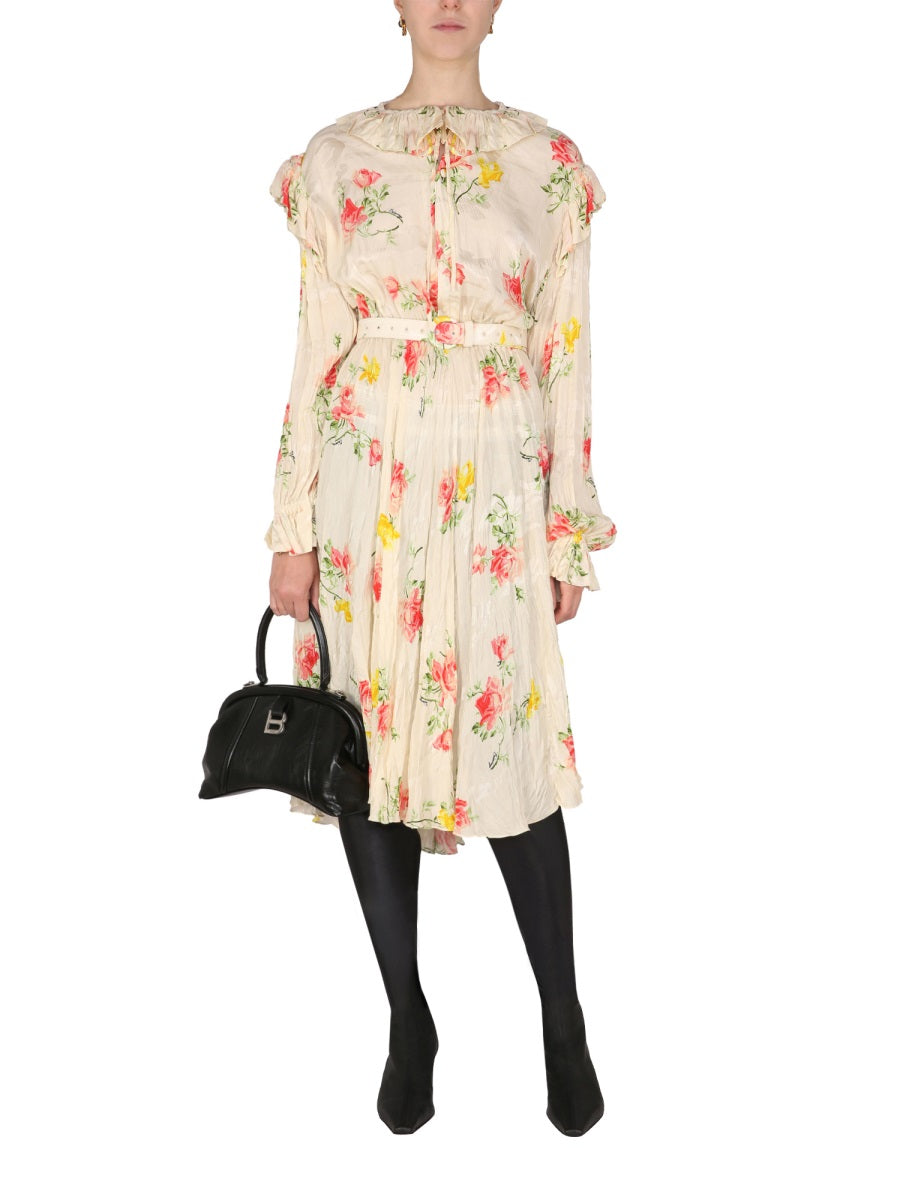 Floral Dress with Drawstring Collar and Flowing Silhouette