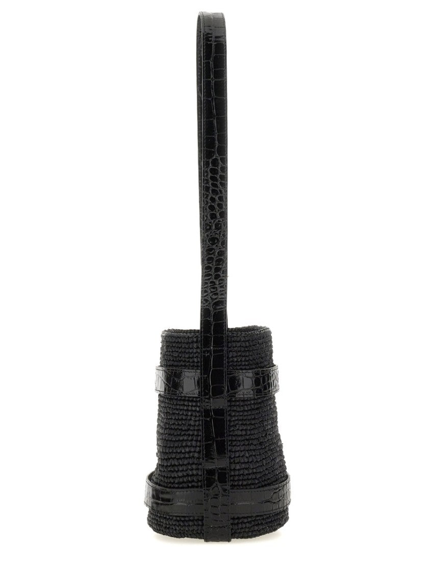 Textured Raffia Bucket Bag With Glossy Accents
