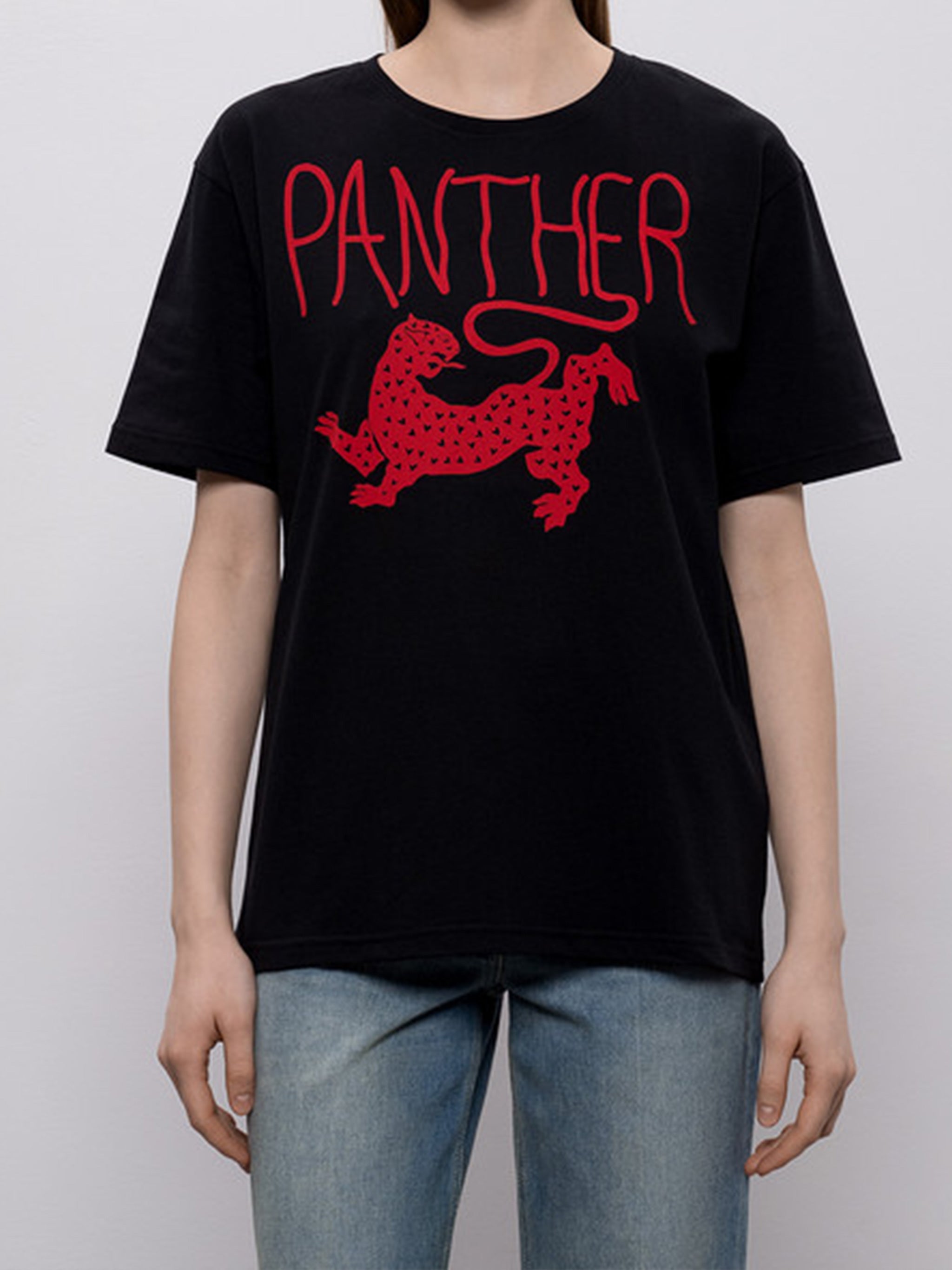 Black Short-Sleeved Red Panther Graphic T-shirt