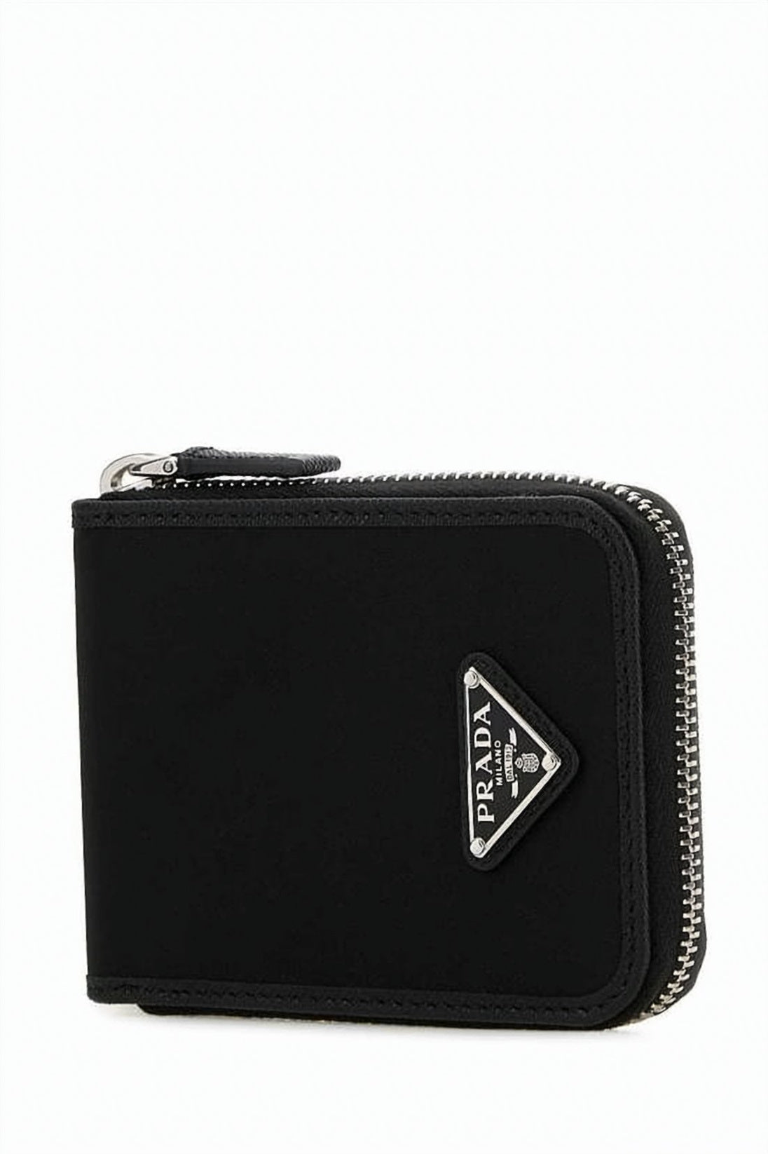 Compact Black Fabric and Leather Wallet with Triangular Logo