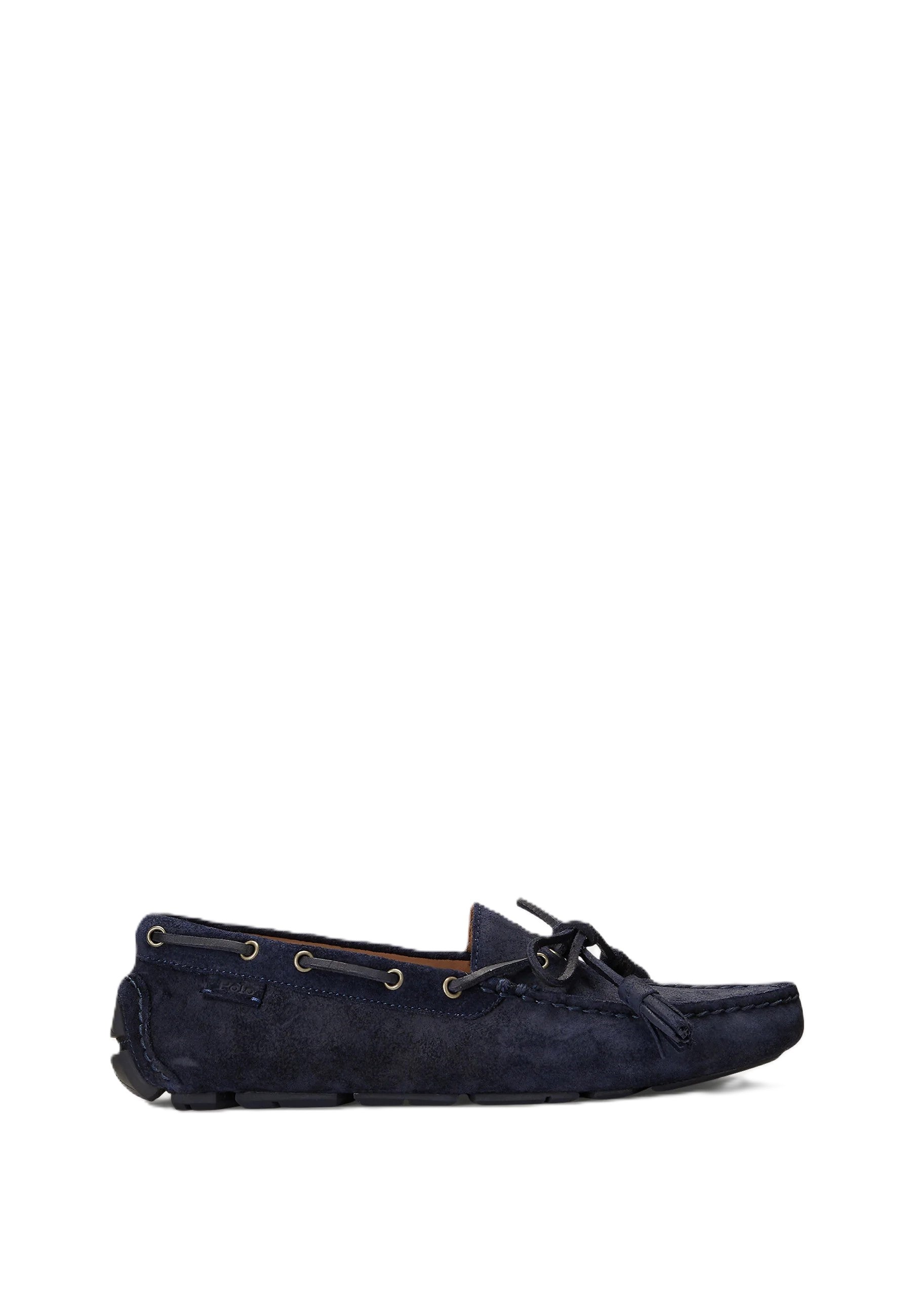Moccasin-Style Blue Suede Loafers with Bow and Tassels