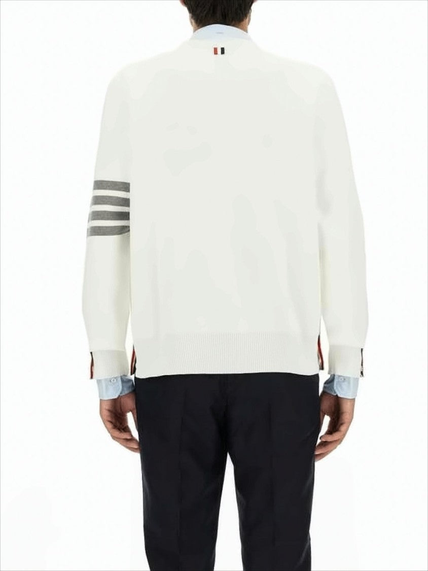 Minimalist White Cotton Cardigan with Ribbed Cuffs and Tricolor Detail