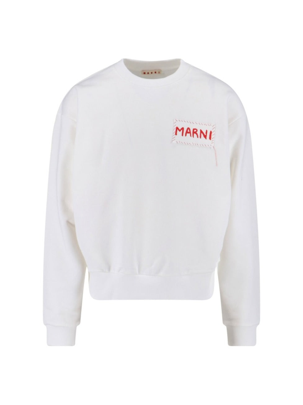 Cropped White Sweater With Bold Chest Patch