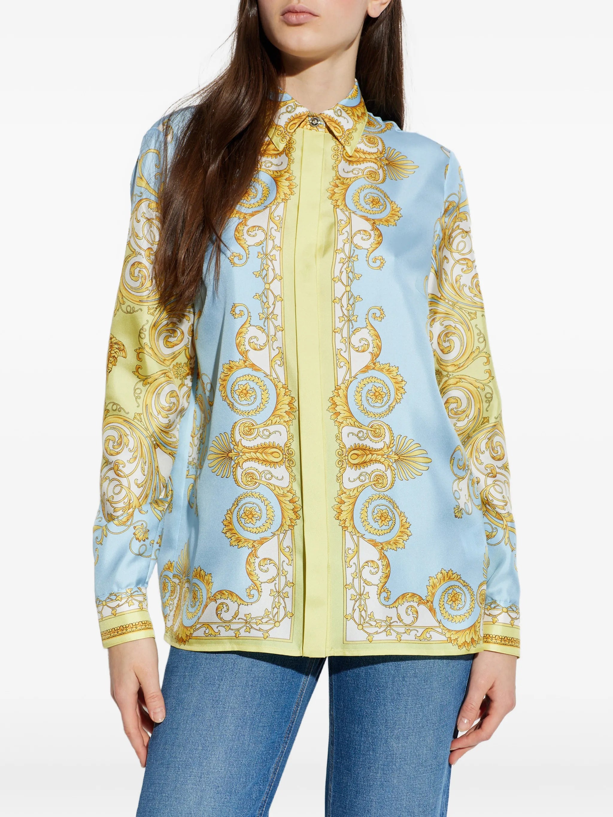Pastel Blue Baroque-Inspired Silk Scroll Shirt