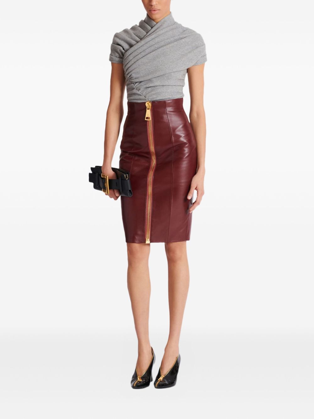 High-Waisted Pencil Skirt in Rich Brown Lambskin Leather