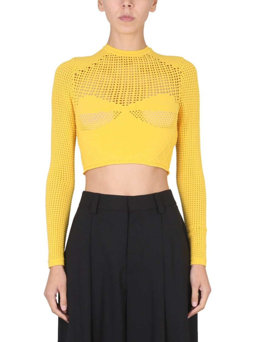 Perforated Crop Shirt With High Neckline