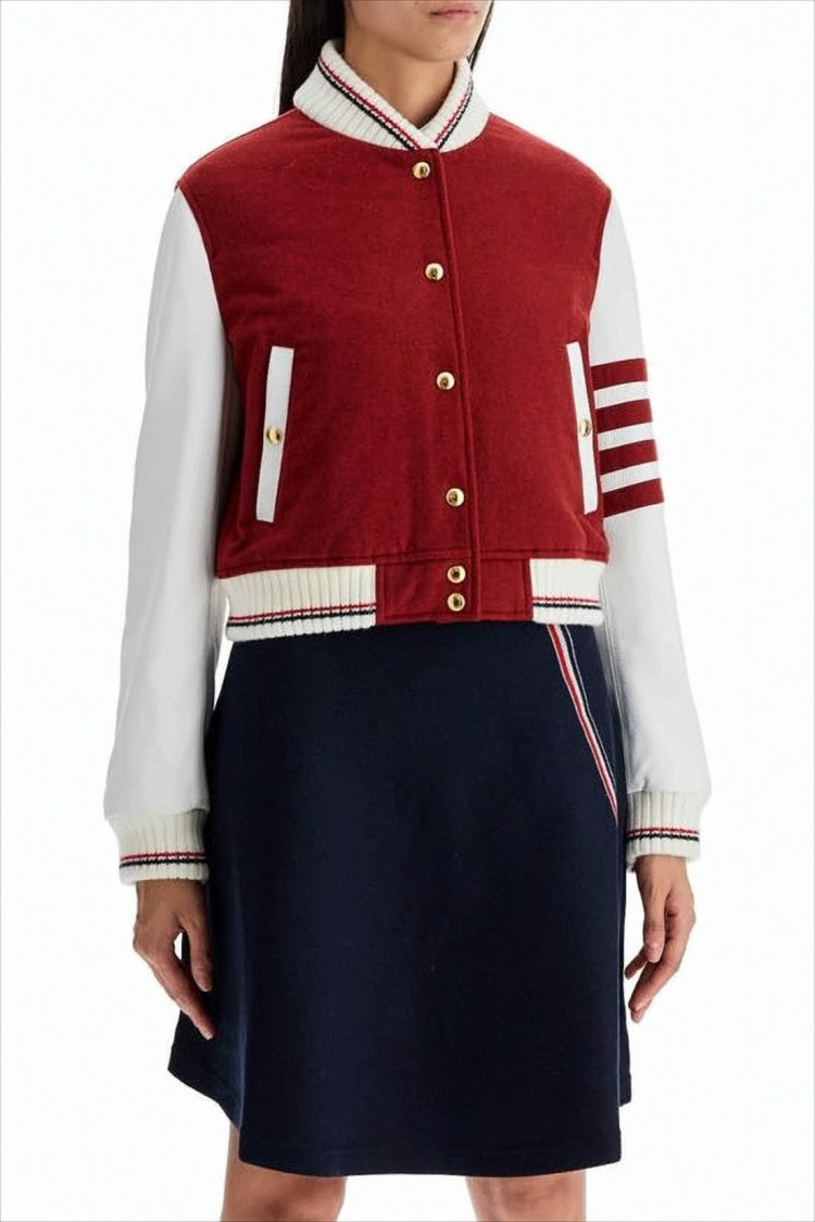 Cropped Varsity Jacket in Rich Red with Contrast Leather Sleeves