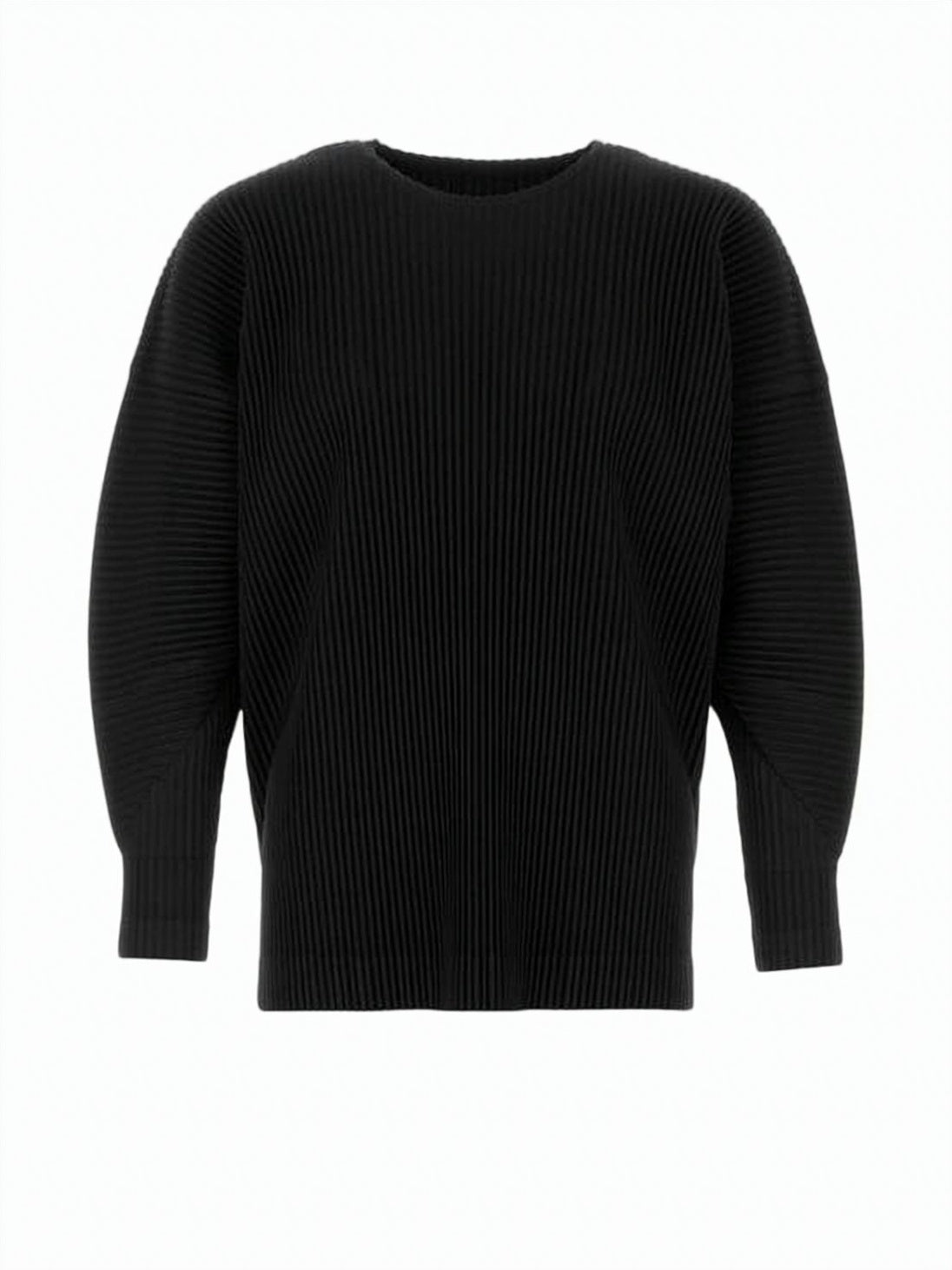 Finely Pleated Long-Sleeve Top with Round Neckline