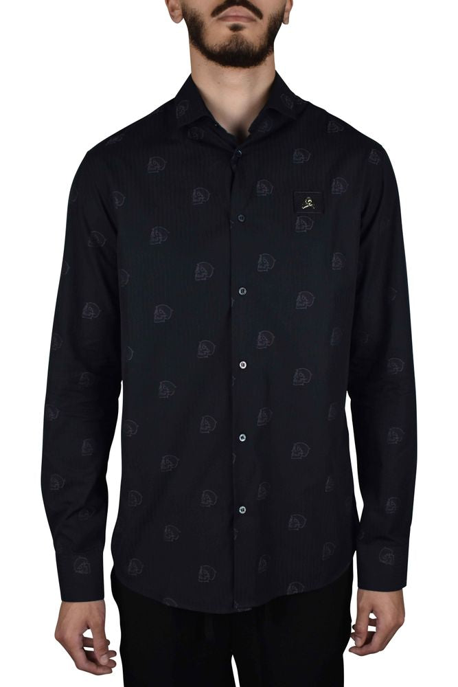 Black Striped Cotton Shirt With Skull Motif