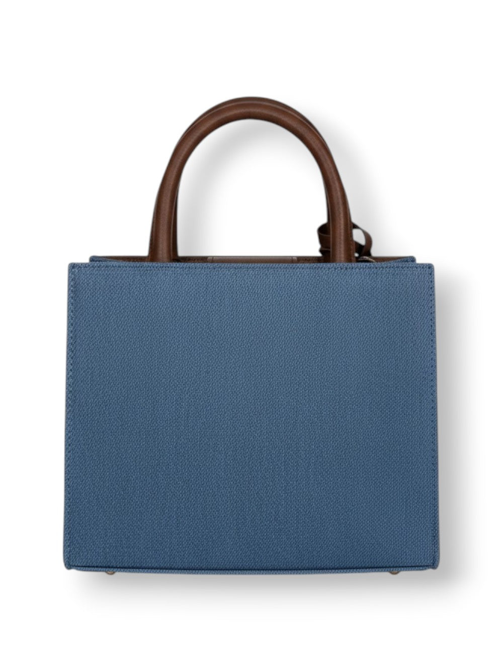 Structured Rectangular Handbag With Textured Blue Body And Smooth Brown Handles