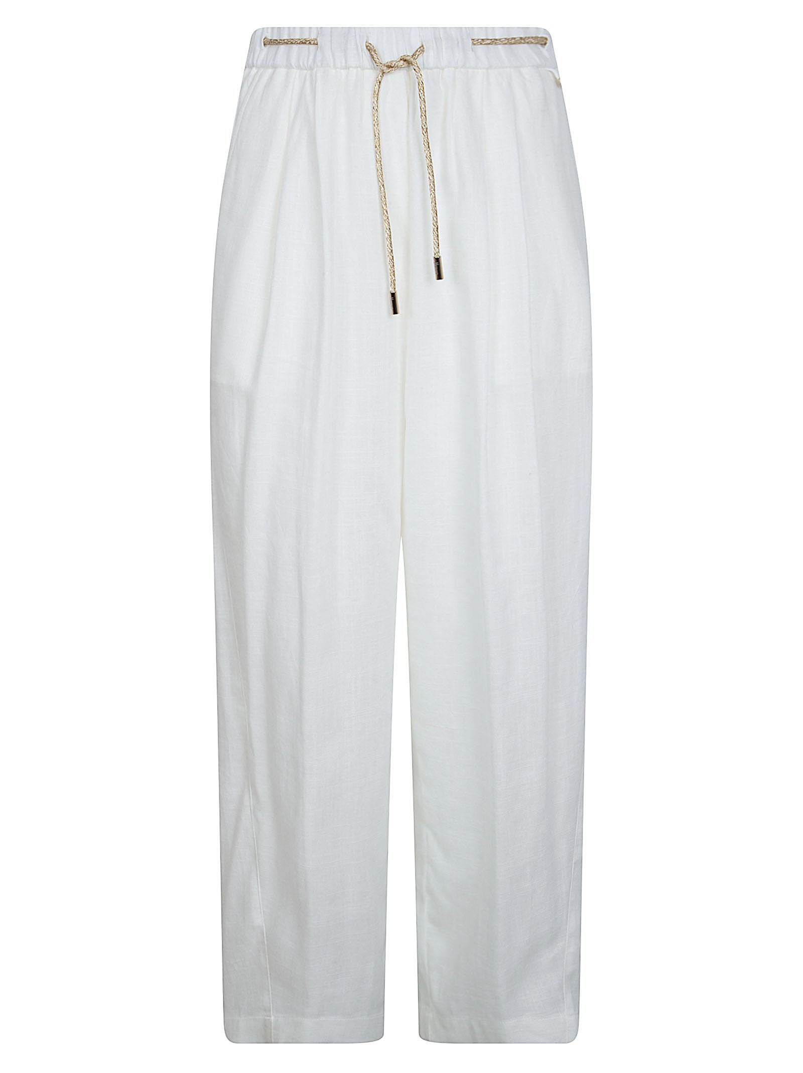 Relaxed Fit White Trousers with Elastic Waistband and Metallic Accents