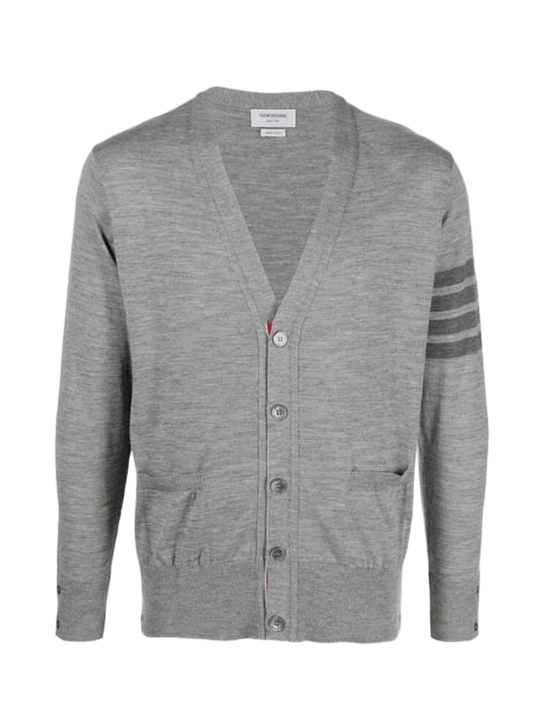 Merino Wool Cardigan with V-Neckline and Tricolor Ribbon Accent