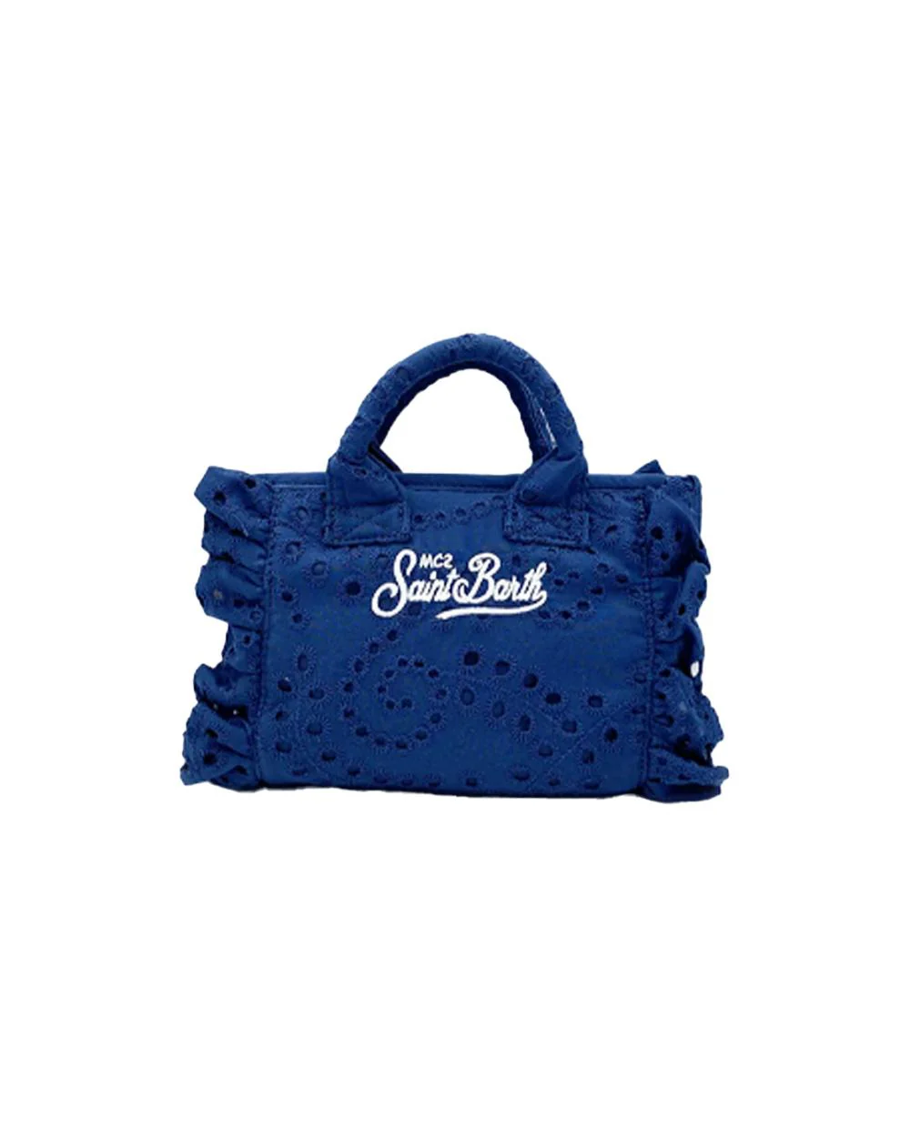 Rectangular Handbag with Eyelet Embroidery and Ruffled Edges